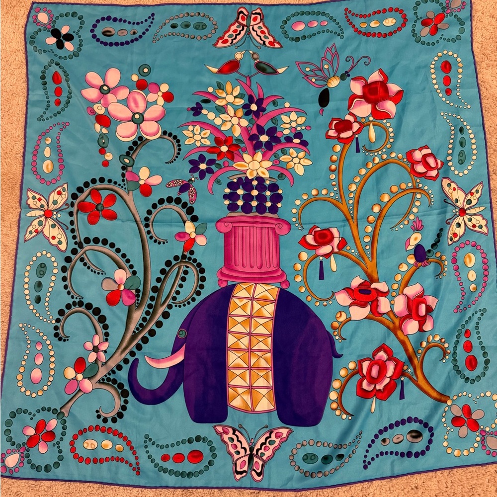 Hermes Bright Turquoise Floral & Elephant Silk Scarf